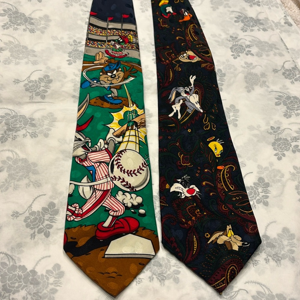 2- 100% Silk Handmade Looney Toons Mania Warner Bros. TIES like new Baseball-Fun